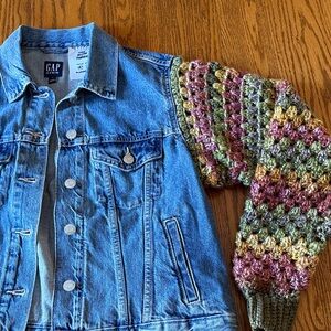 GAP Blue Denim Jacket with Colorful Crochet Sleeves